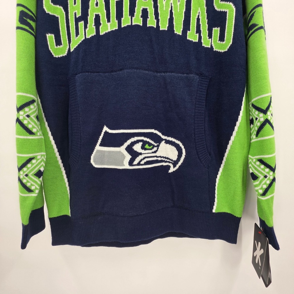 NFL TEAM APPAREL SEATTLE SEAHAWKS SWEATER MENS MEDIUM BLUE GREEN HOODED UGLY NEW - Picture 3 of 12